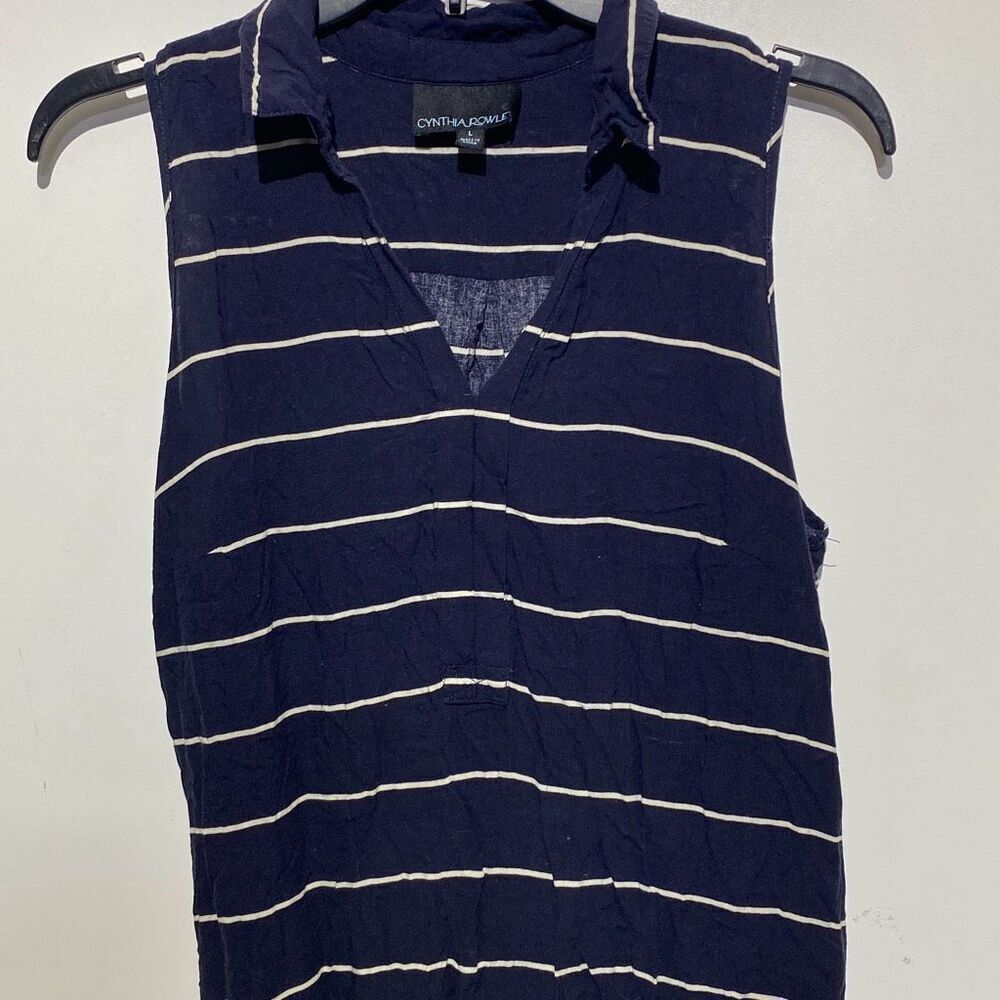 Cynthia Rowley Women's Navy White Stripe Collared Sleeveless Blouse Size Large